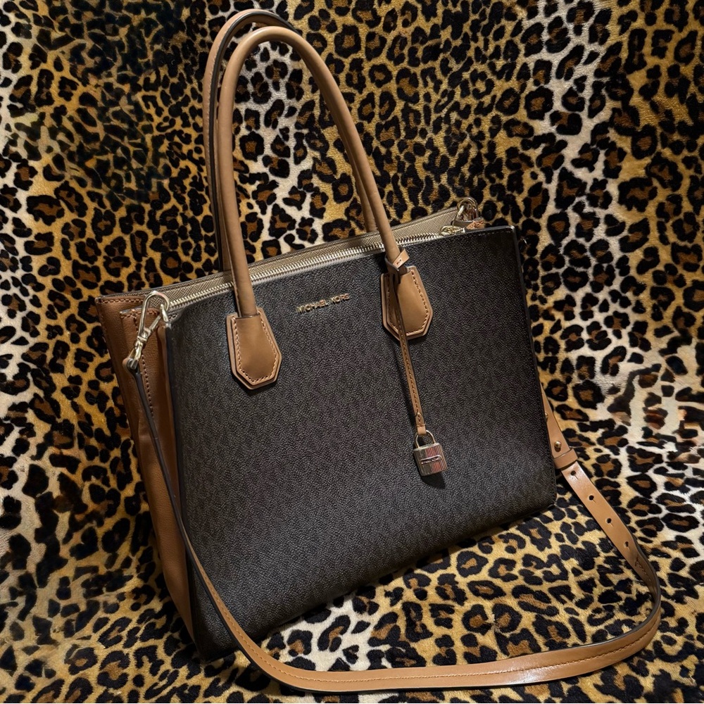 Michael Kors Brown Structured Tote with Gold Accents